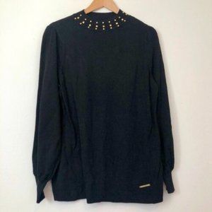NEW ADRIENNE VITTADINI Black Gold Studded Long Sleeve Sweater Women's Si…